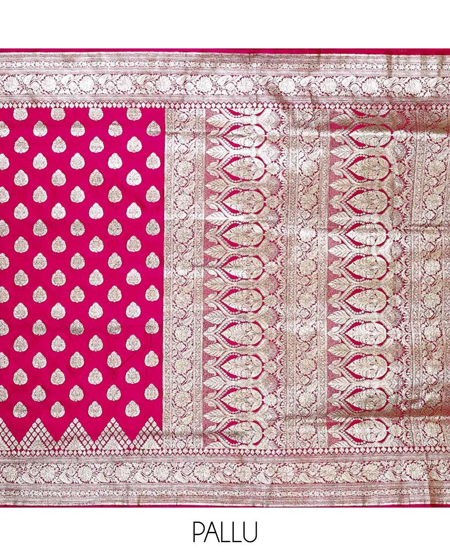 Hot pink semi banaras satin saree with unique buttas, self-border of floral creeper & pallu of intricate designs