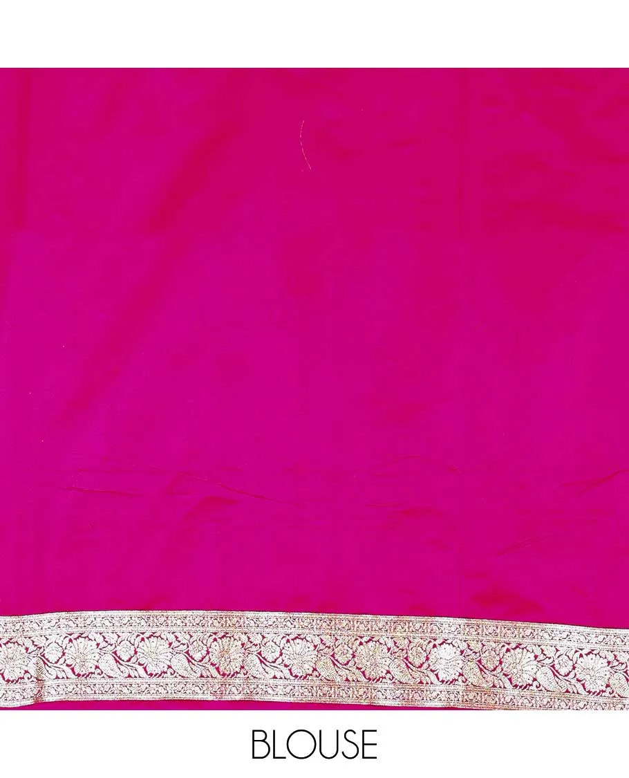 Hot pink semi banaras satin saree with unique buttas, self-border of floral creeper & pallu of intricate designs