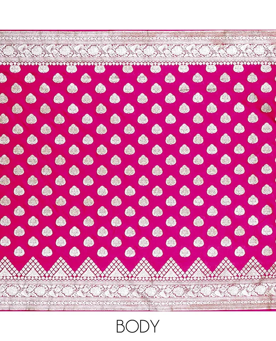 Hot pink semi banaras satin saree with unique buttas, self-border of floral creeper & pallu of intricate designs