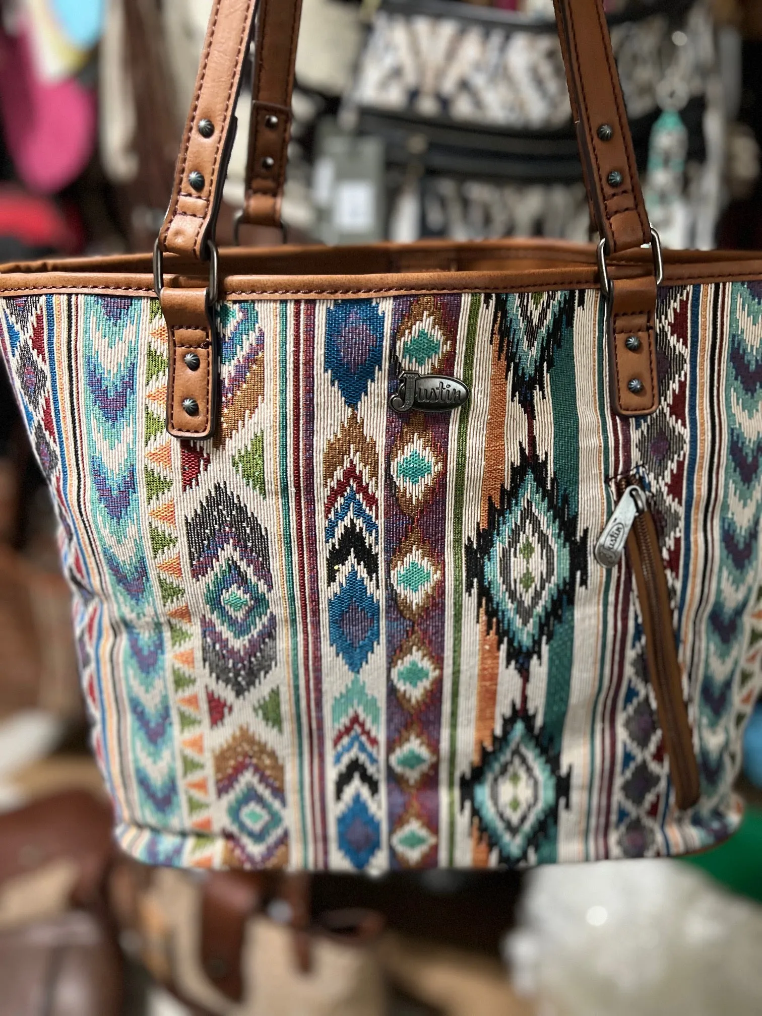 Justin Women's Jacquard Aztec Pattern Tote Purse - Brown/Multi with Wristlet Wallet