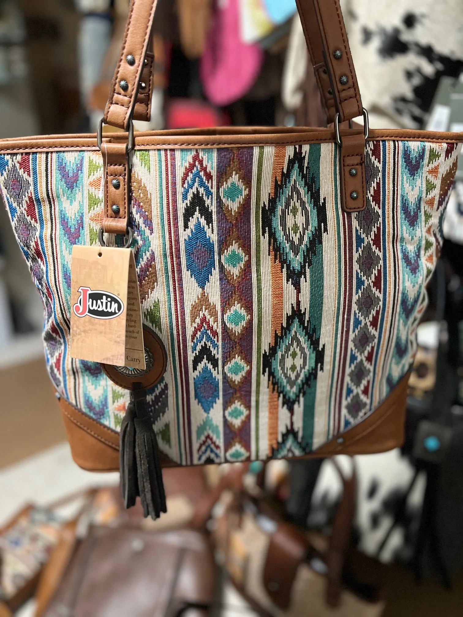 Justin Women's Jacquard Aztec Pattern Tote Purse - Brown/Multi with Wristlet Wallet