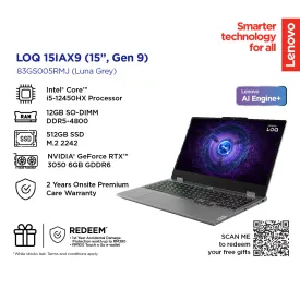 Lenovo LOQ 15IAX9 15.6" FHD Gaming Laptop (Intel® Core™ i5-12450HX | 12GB | 512GB SSD | RTX™ 3050) 83GS005RMJ