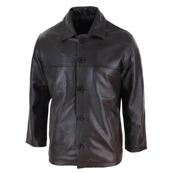 Mid Length Men's Brown Classic Leather Coat