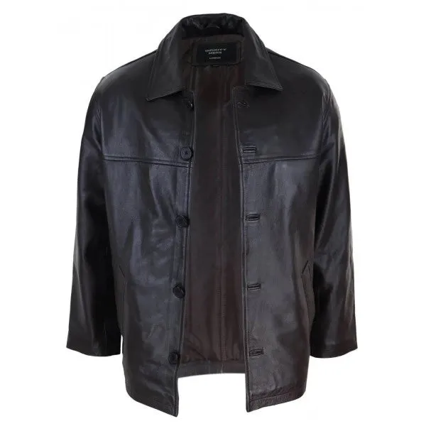 Mid Length Men's Brown Classic Leather Coat