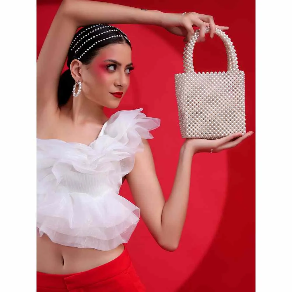 Modarta By Kamakshi Pearls Bag Ideal White Handbag Handcrafted with Pearls