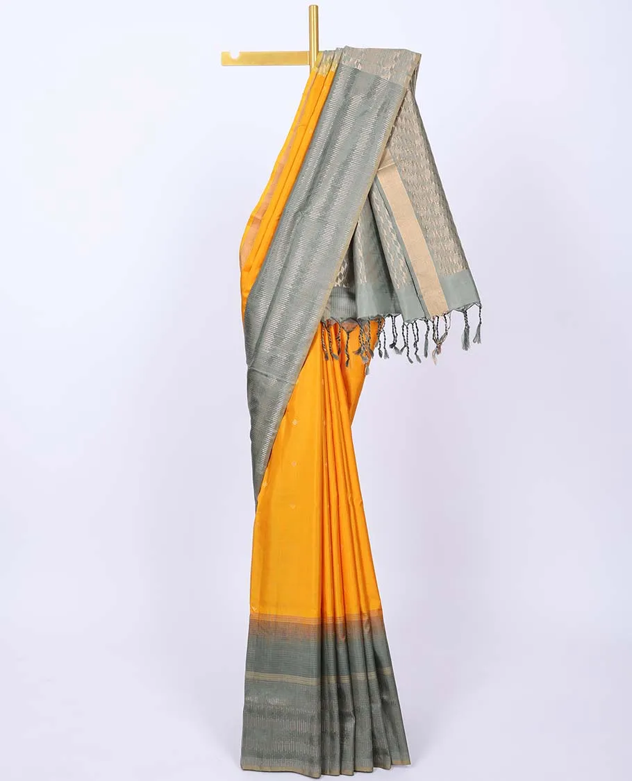 Orange soft silk saree with buttas, contrast unique design border & pallu of geometric zari designs