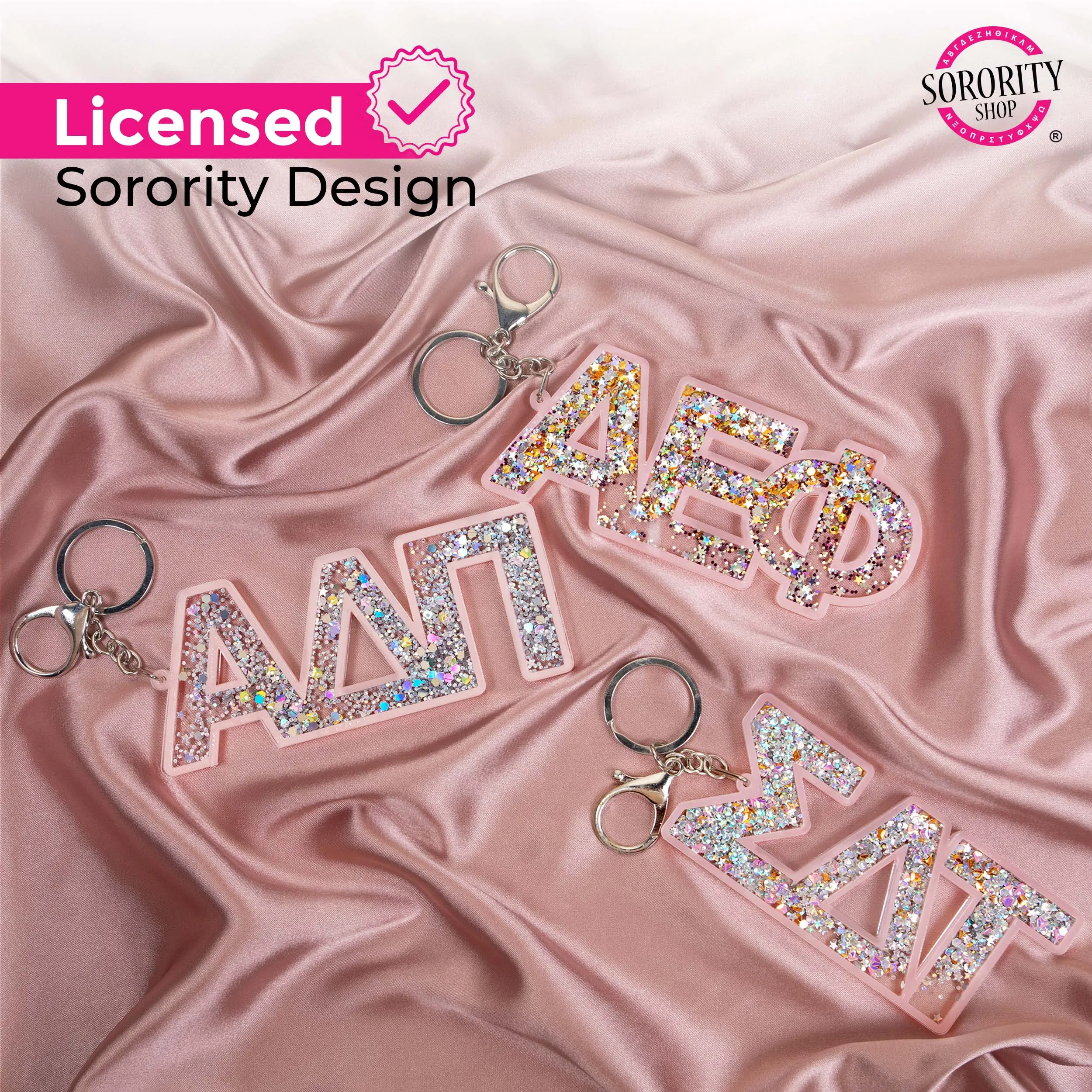 Phi Mu Glitter Sorority Keychain