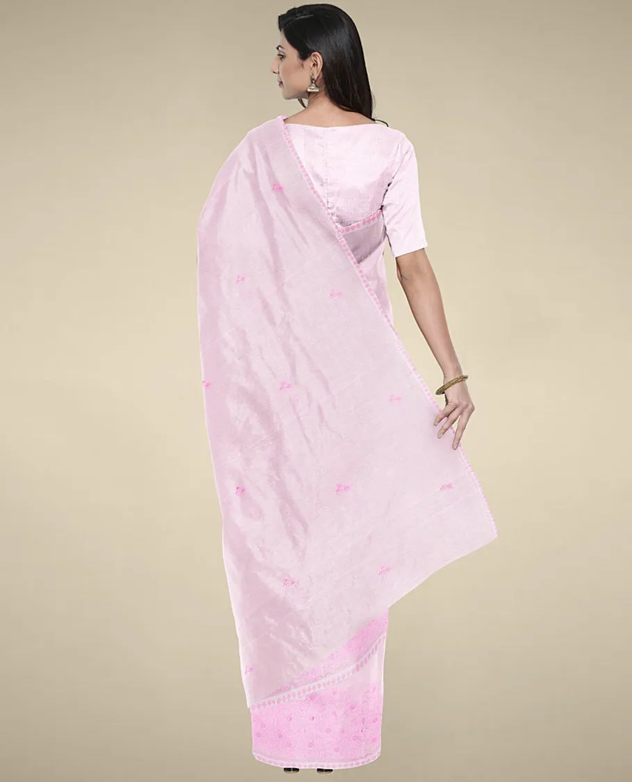 Pink kota cotton saree features unique buttas, self-border with intricate designs