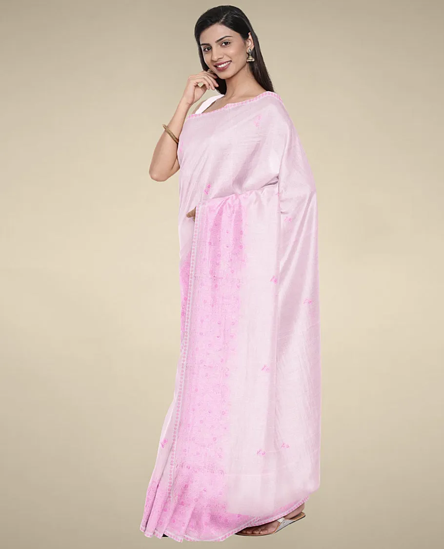 Pink kota cotton saree features unique buttas, self-border with intricate designs