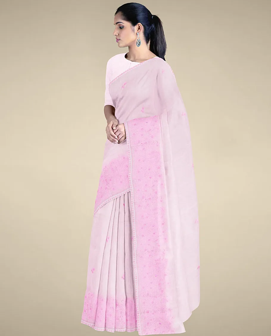 Pink kota cotton saree features unique buttas, self-border with intricate designs