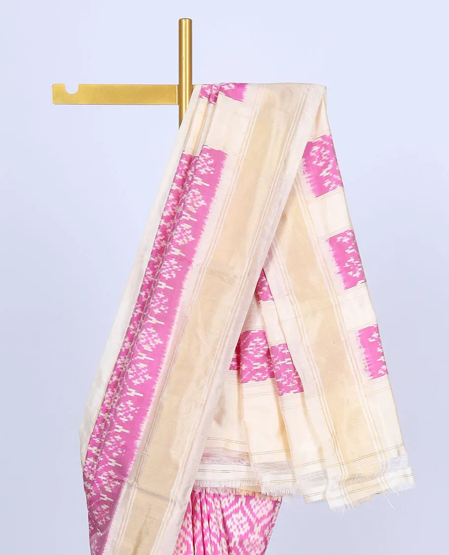 Pink unique design ikkat saree, contrast plain border & pallu of unique designs