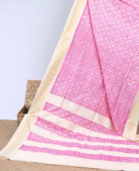 Pink unique design ikkat saree, contrast plain border & pallu of unique designs