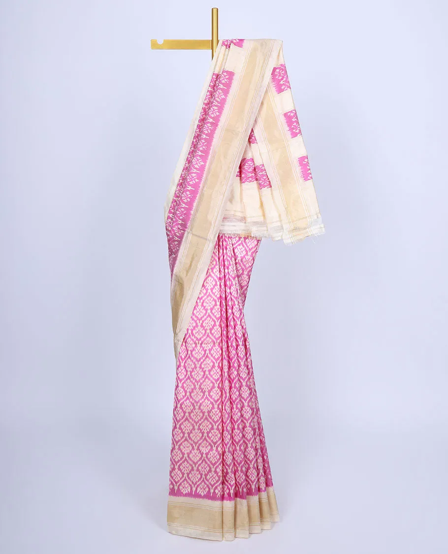 Pink unique design ikkat saree, contrast plain border & pallu of unique designs