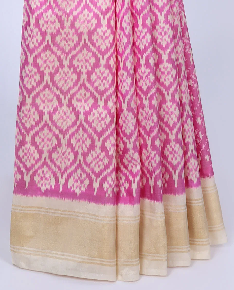 Pink unique design ikkat saree, contrast plain border & pallu of unique designs