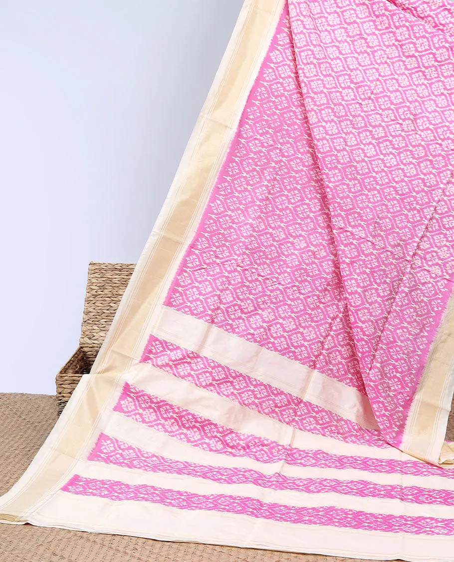 Pink unique design ikkat saree, contrast plain border & pallu of unique designs