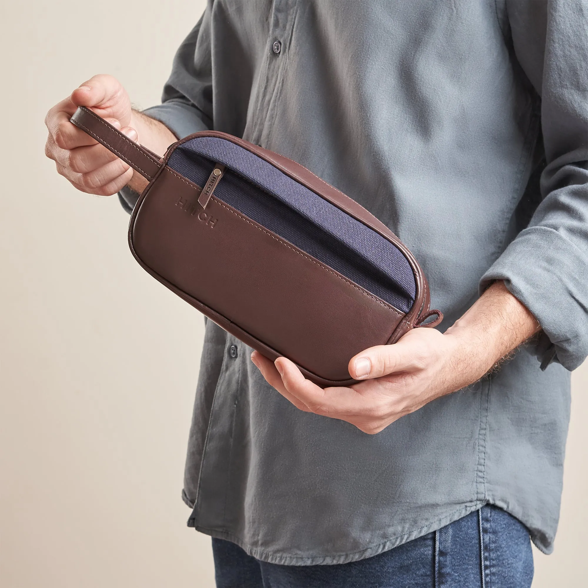 Premium Dopp Kit - Natural Leather - Brown/Navy