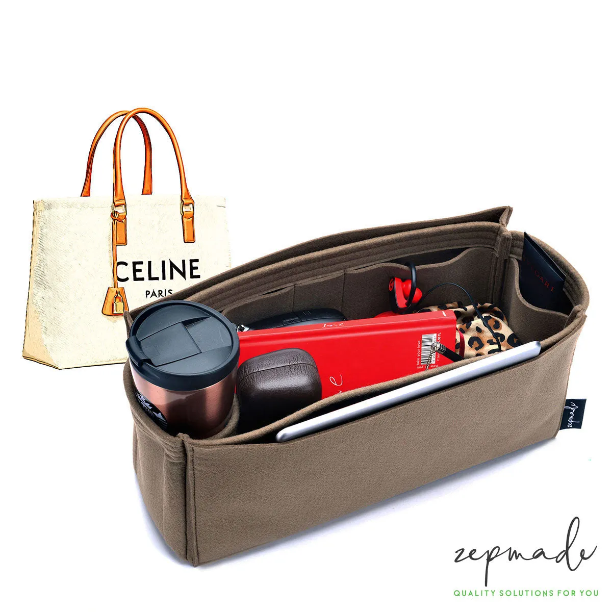 Purse Organizer Insert for Celine Horizontal Cabas, Bag Organizer with Laptop Compartment and Pen Holder