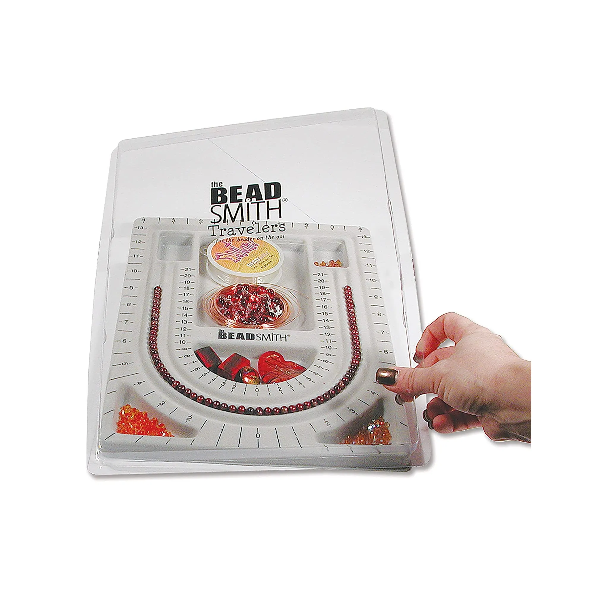 The Beadsmith Bead Board with Cover, Grey Flocked | 3 U-Shaped Channels | 6 Recessed Compartments | 9.75 x 13.25 inches | Design Boards