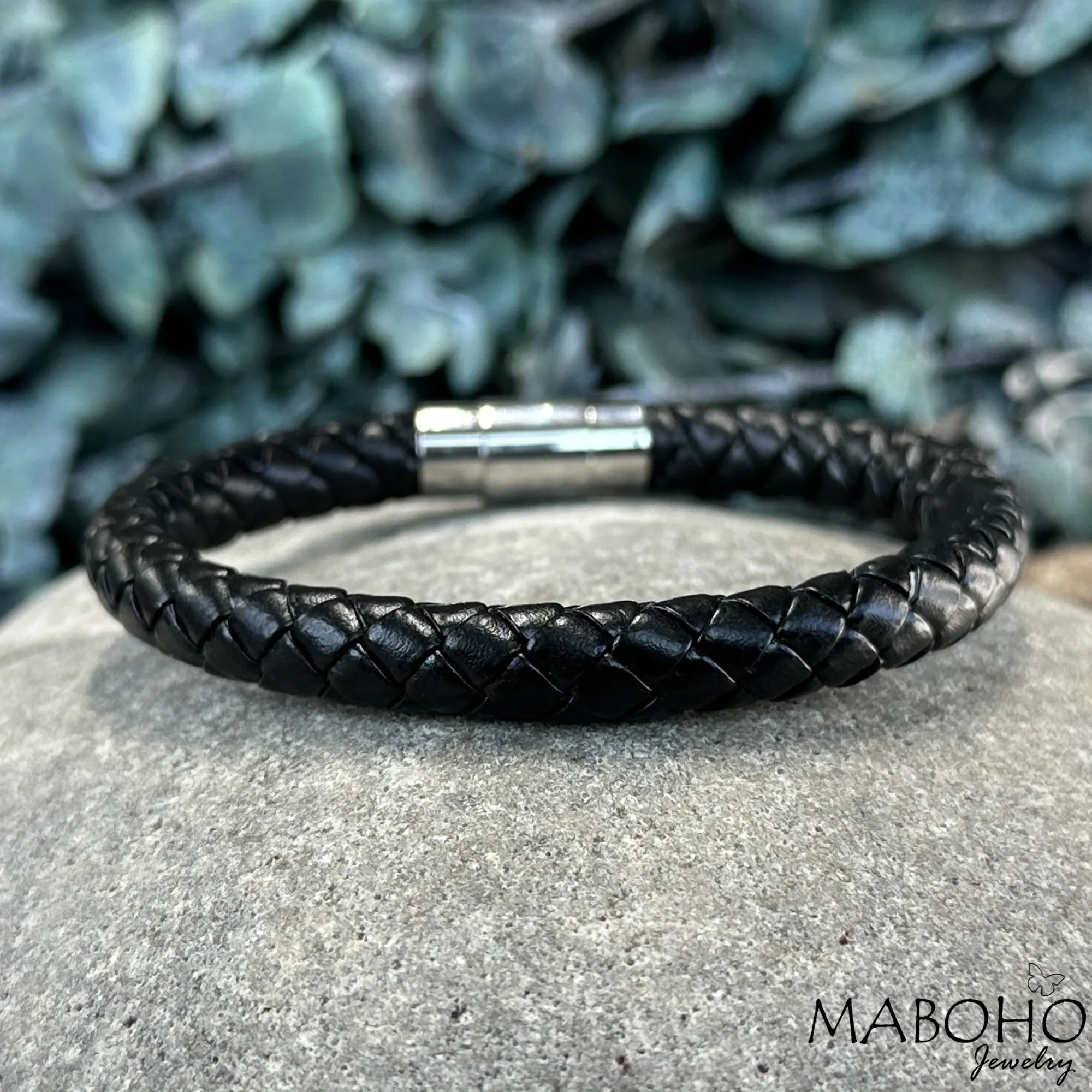 Thick Braided Black Leather Bracelet Minimalist Men's