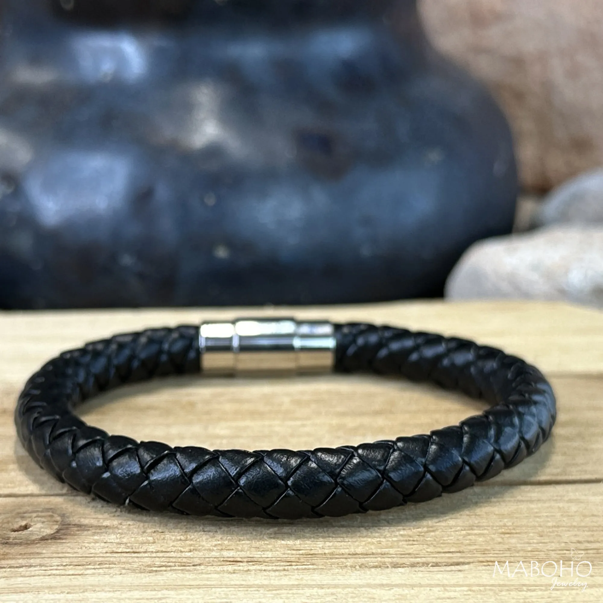 Thick Braided Black Leather Bracelet Minimalist Men's