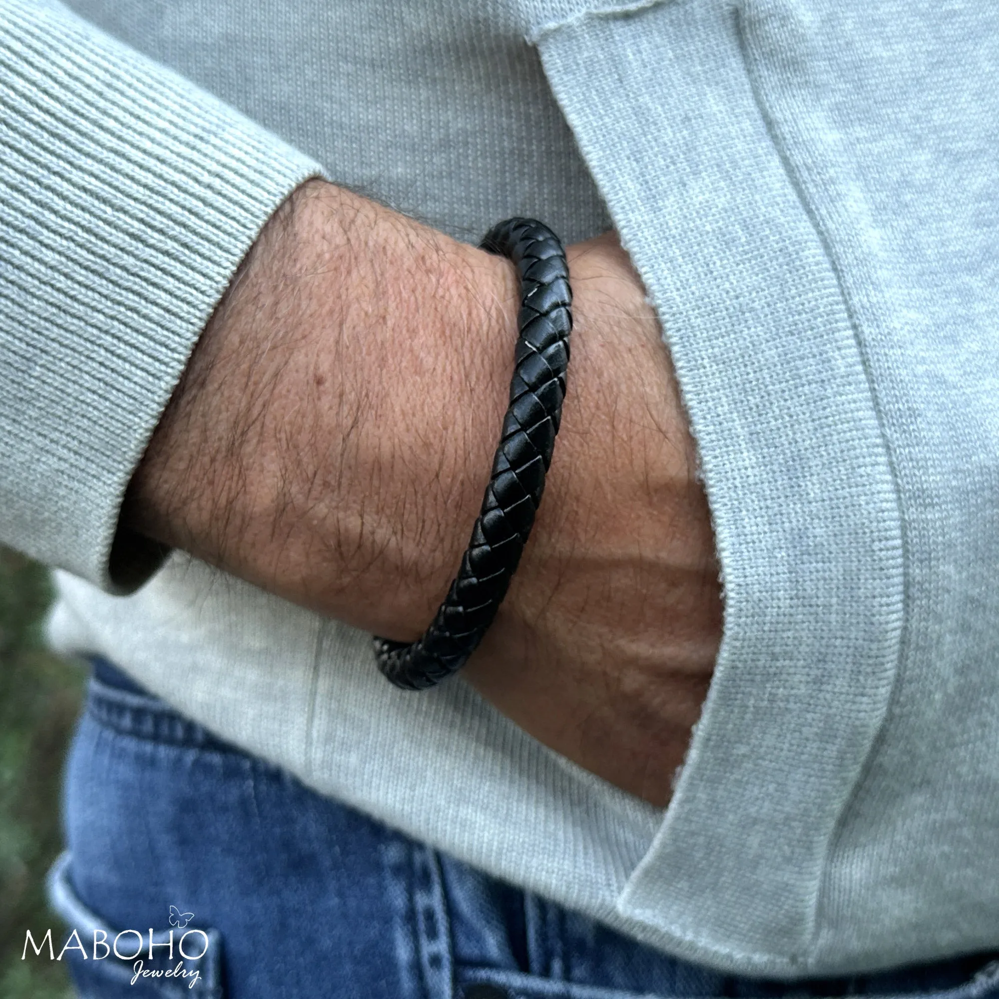 Thick Braided Black Leather Bracelet Minimalist Men's