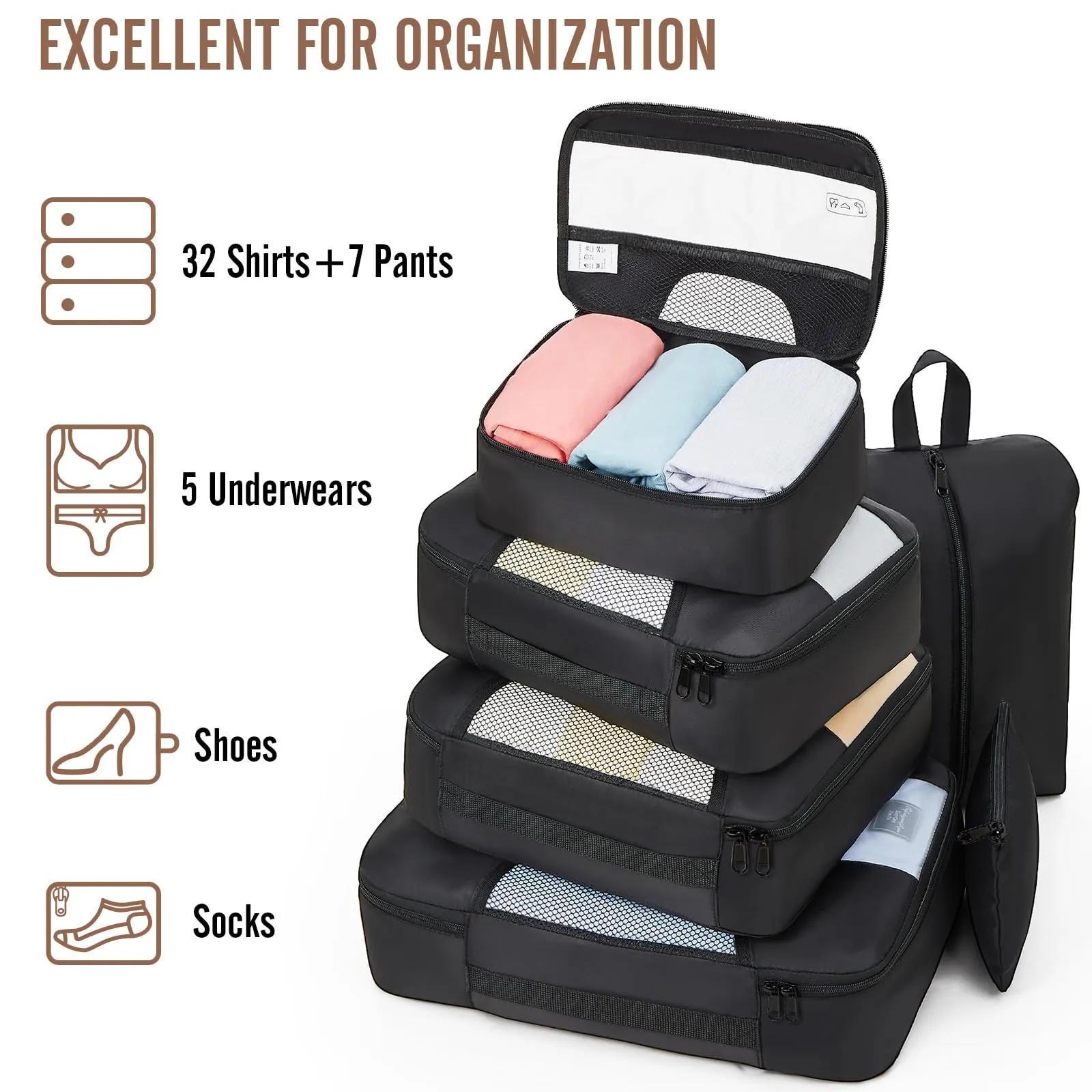 Veken 8 Set Packing Cubes for Travel, Suitcase Essentials Organizer Bags Set for Luggage, Road Trip Travel Accessories in 4 Sizes (Extra Large, Large, Medium, Small), Black