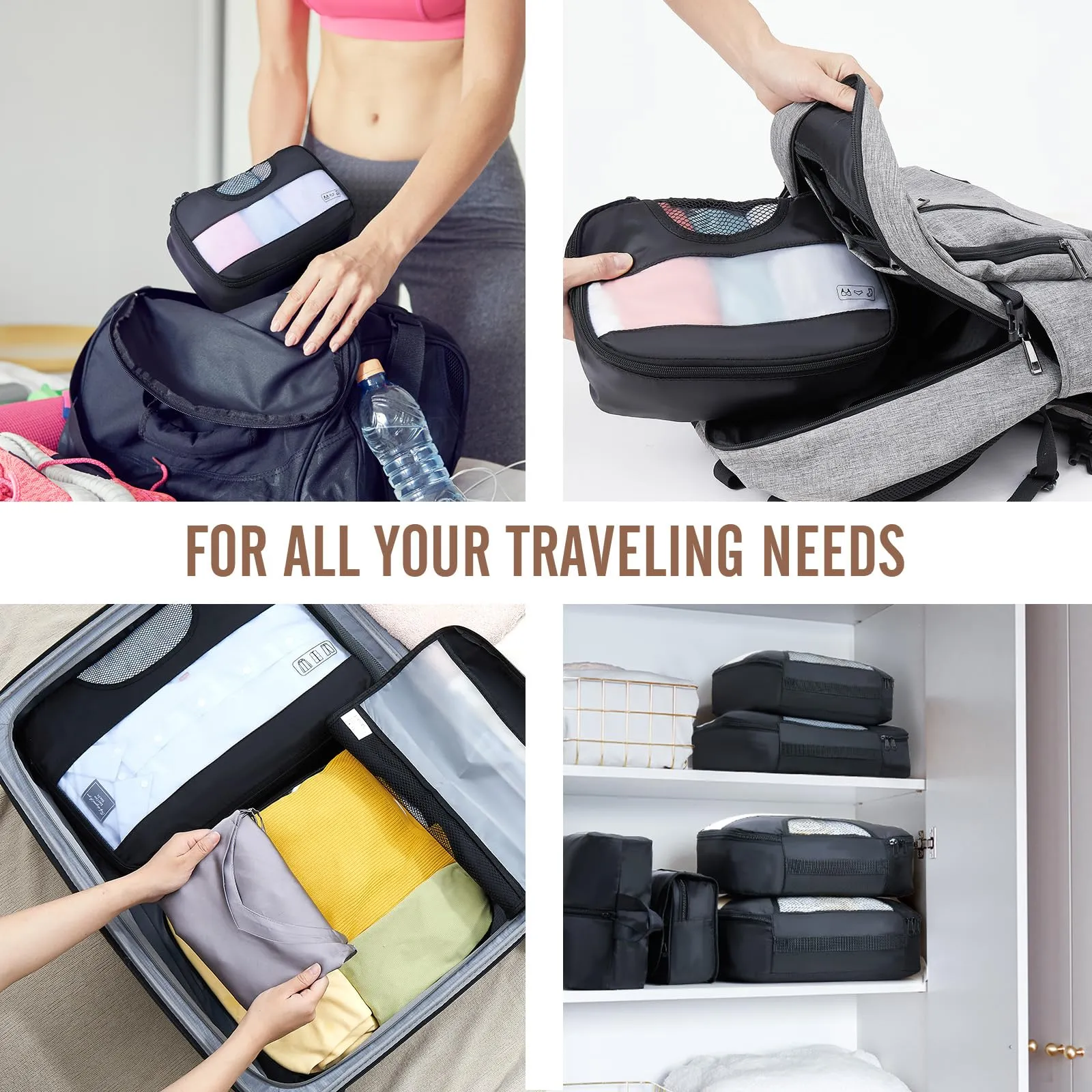 Veken 8 Set Packing Cubes for Travel, Suitcase Essentials Organizer Bags Set for Luggage, Road Trip Travel Accessories in 4 Sizes (Extra Large, Large, Medium, Small), Black