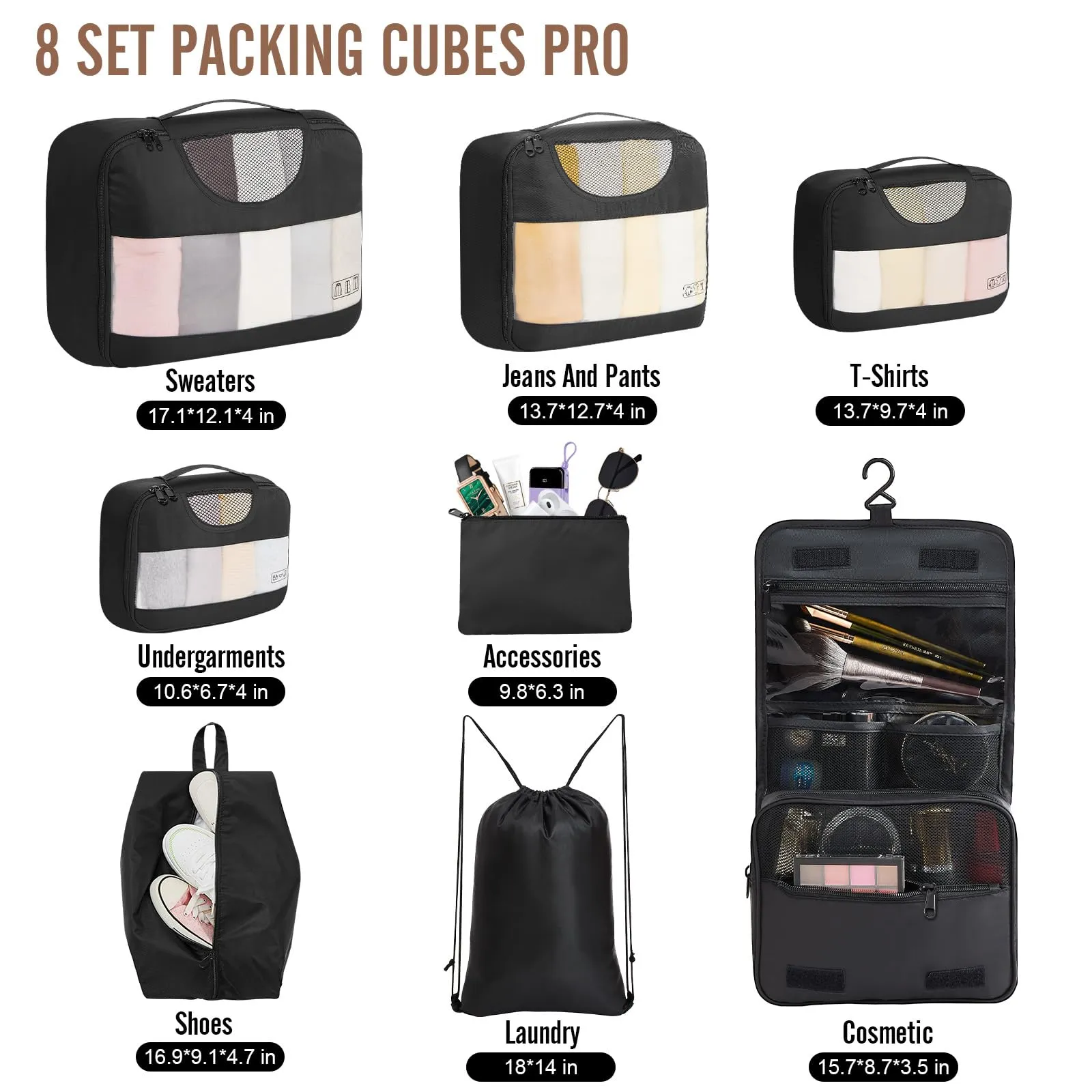 Veken 8 Set Packing Cubes for Travel, Suitcase Essentials Organizer Bags Set for Luggage, Road Trip Travel Accessories in 4 Sizes (Extra Large, Large, Medium, Small), Black