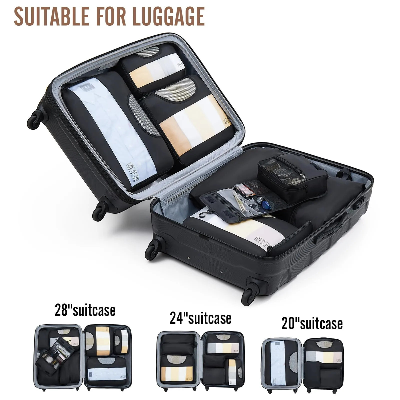 Veken 8 Set Packing Cubes for Travel, Suitcase Essentials Organizer Bags Set for Luggage, Road Trip Travel Accessories in 4 Sizes (Extra Large, Large, Medium, Small), Black