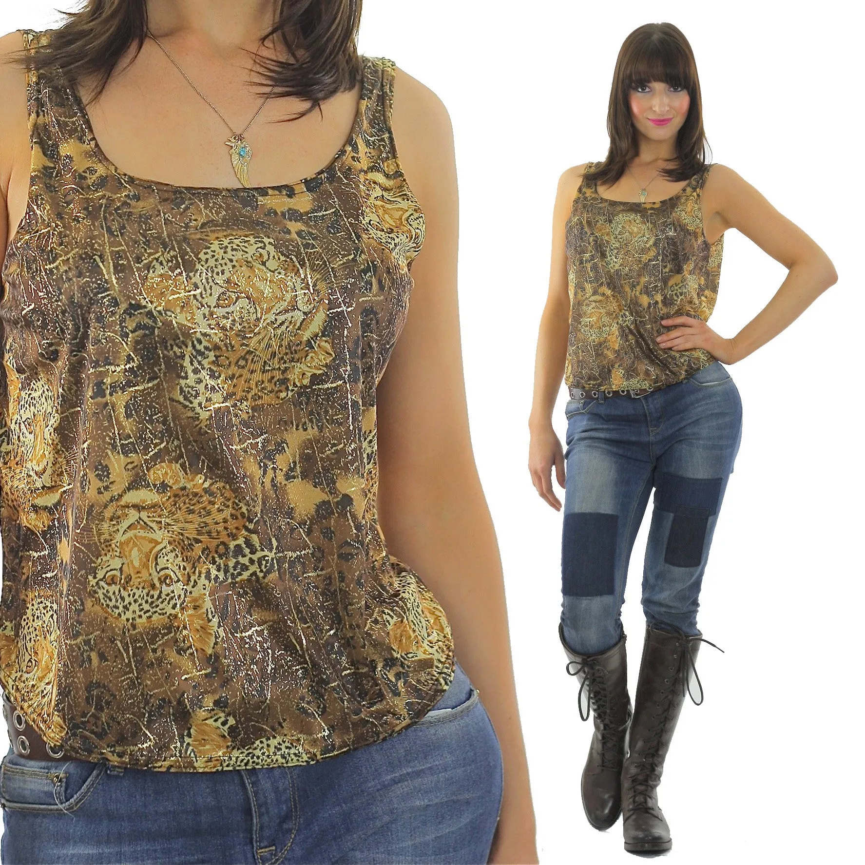 Vintage 90s Grunge gold metallic animal print tank top