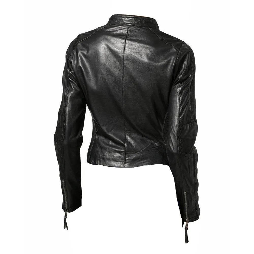 Women’s Cropped Café Racer Leather Jacket With Band Collar