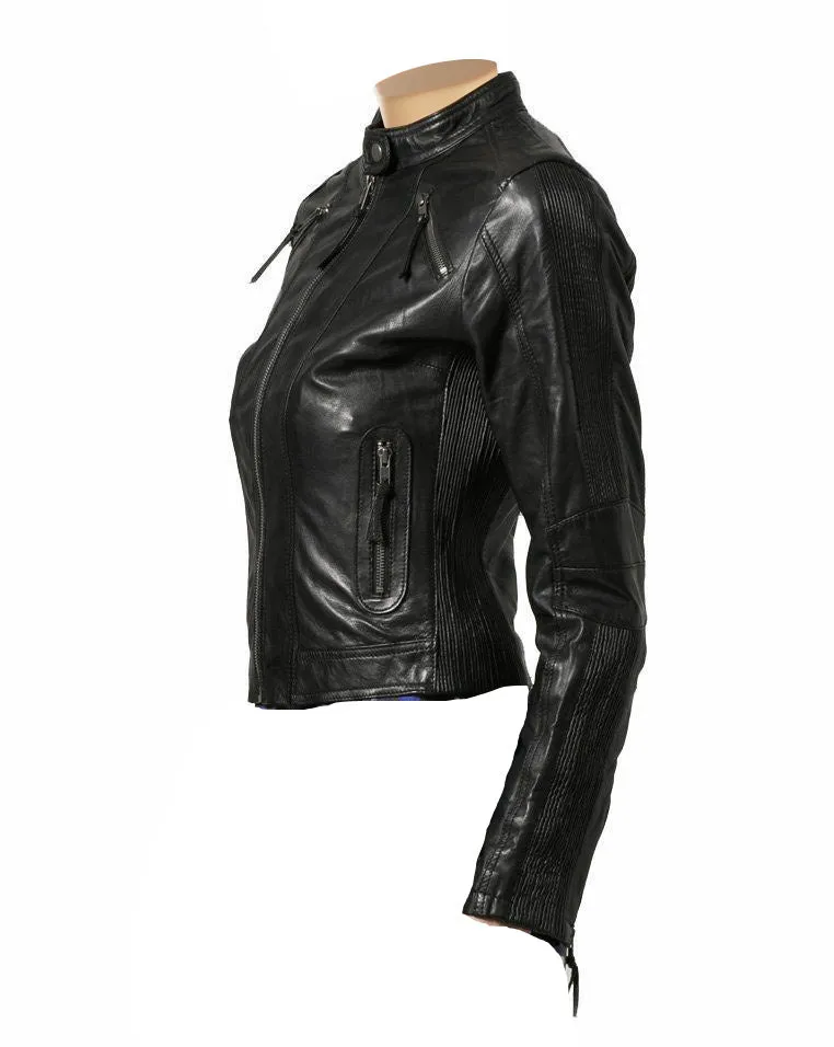Women’s Cropped Café Racer Leather Jacket With Band Collar